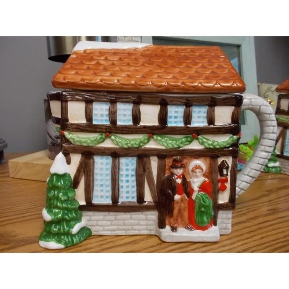 Vintage Victorian Christmas Village Ceramic Teapot Holiday Cottage Decor